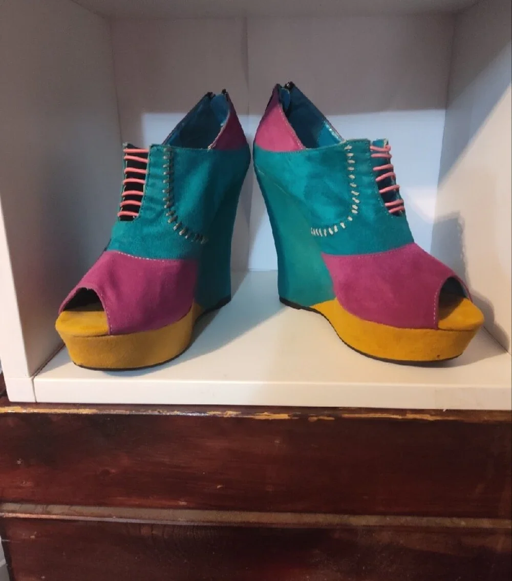 Colorblock faux Suede Wedge Peep Toe Heels in Teal, Magenta & Mustard